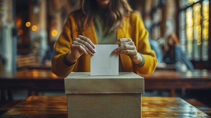 A citizen casting a vote into a ballot box during an election. Direct democracy referendum plebiscite general election idea.