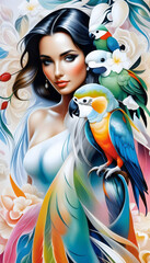 Airbrush painting. Woman with a parrot. Vivid colors.