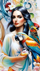 Airbrush painting. Woman with  parrots. Vivid colors.