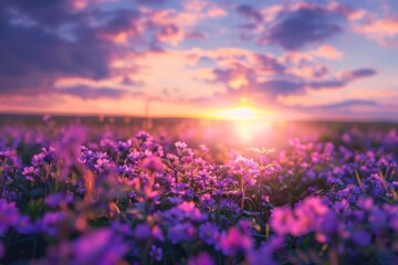 Fototapeta premium Golden Sunset Over Lavender Field with Vibrant Purple Blooms 