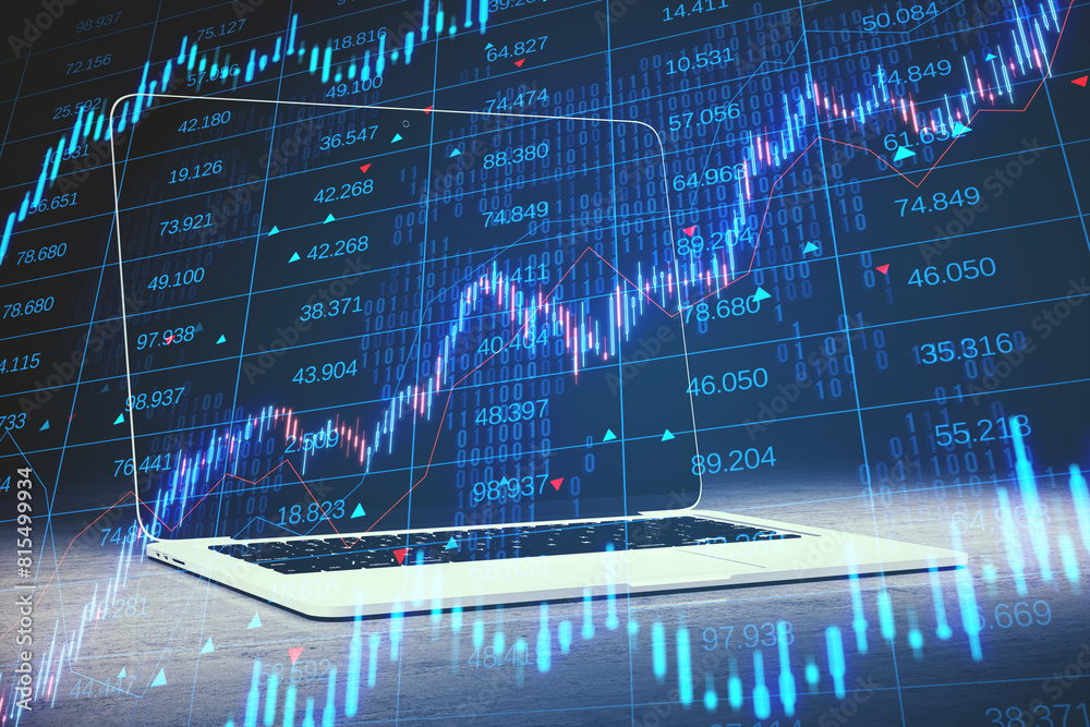 Poster close up of laptop with creative candlestick forex chart with index on blurry background. trade, fin