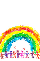 Happy childhood concept,under rainbow children, boys and girls holding hands together. white isolated background for design