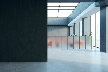 Modern office lobby interior with window, city view and blank mock up place on wall, reception desk and glass elements. 3D Rendering.