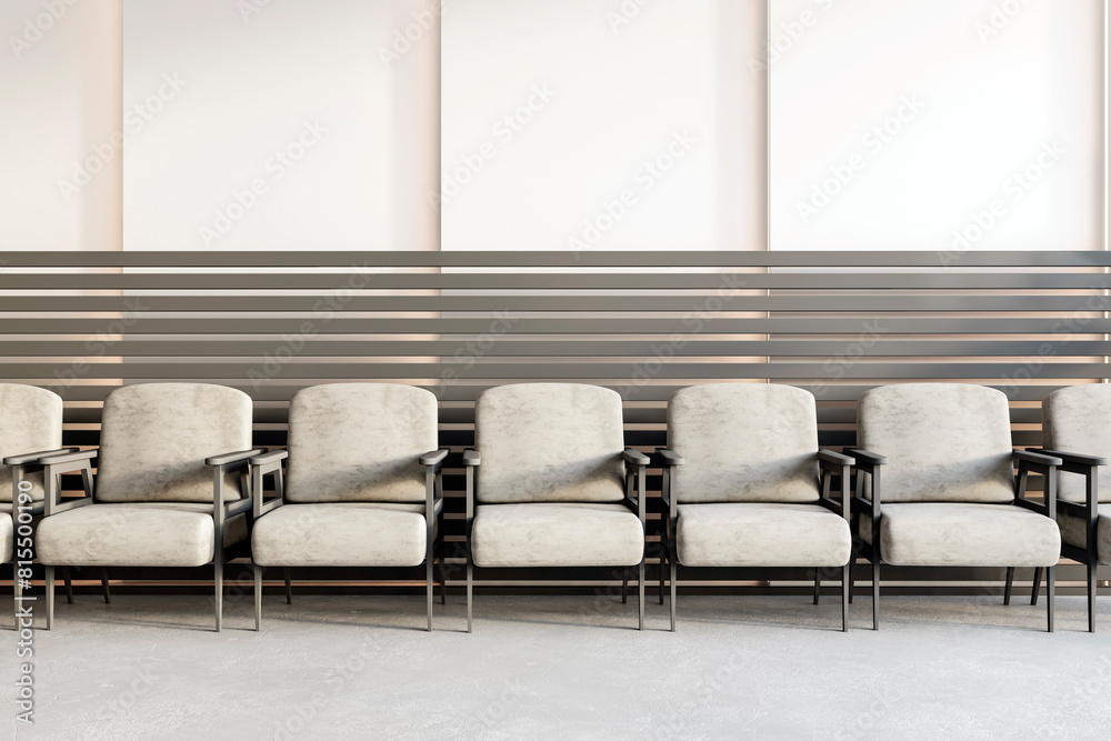 Poster minimalist waiting area with rows of plush chairs and a serene ambiance, overlooking a bustling city