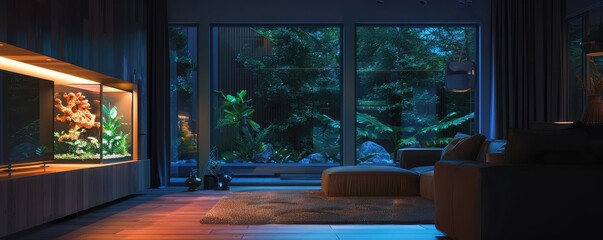 A modern, spacious living room featuring a large, well-lit aquarium, comfortable seating, and indoor plants