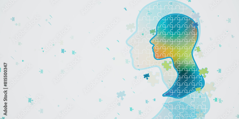 Aufkleber creative colorful jigsaw head outline on wide white background with mock up place. creativity, solut