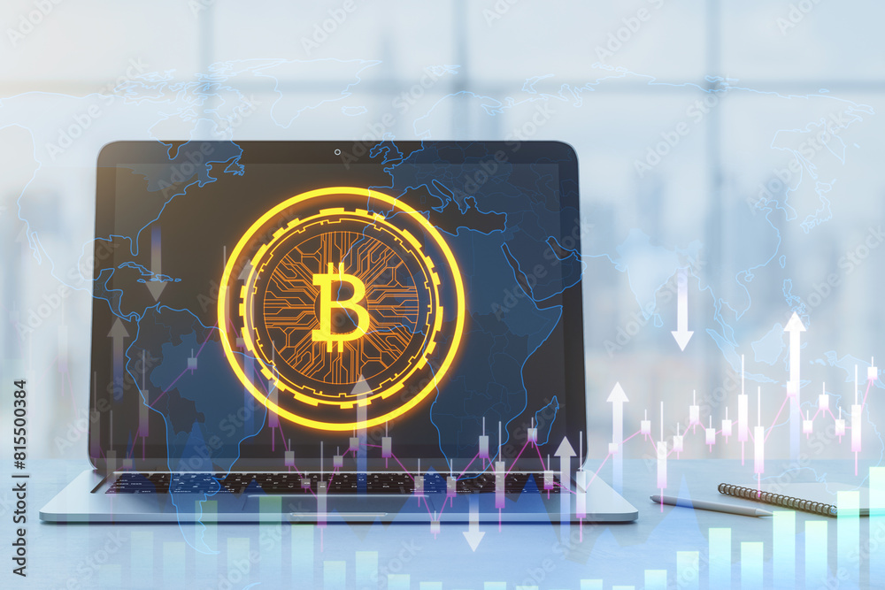 Poster close up of laptop with creative glowing digital bitcoin on blurry city view background with forex c