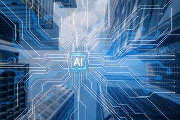 Creative AI circuit hologram on blurry city background. Artificial intelligence and innovate concept. Double exposure.