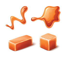 Caramel sauce swirl and toffee candy flow vector. Liquid fudge cream icon isolated. 3d realistic peanut pouring stain. Abstract glossy toffy puddle set. Melt brown sugar wave addiction cartoon