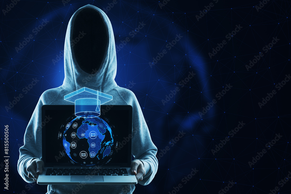 Poster hacker holding creative glowing online education hologram on dark blue polygonal background with moc