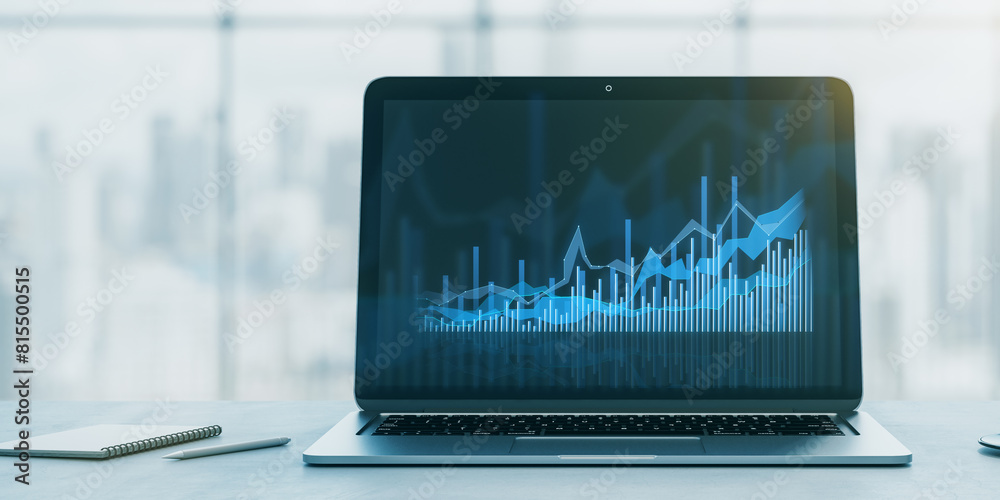 Poster close up of laptop with creative growing forex chart on desk with supplies and mock up place on blur