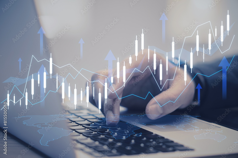 Poster side view of male hand using laptop with creative growing forex chart with arrow on blurry backgroun