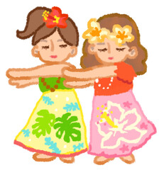 ハワイ柄の衣装でフラダンスを踊る二人の女性