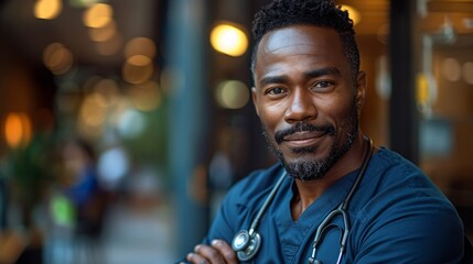 Fototapeta premium A confident African American male nurse with his arms folded attending a medical meeting, showcasing his integrity and leadership skills while providing guidance and planning for a clinic