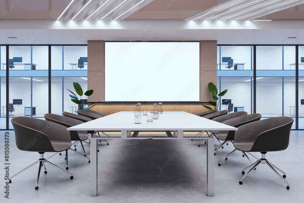 Poster modern glass meeting room interior with creative ceiling and empty white mock up banner. 3d renderin