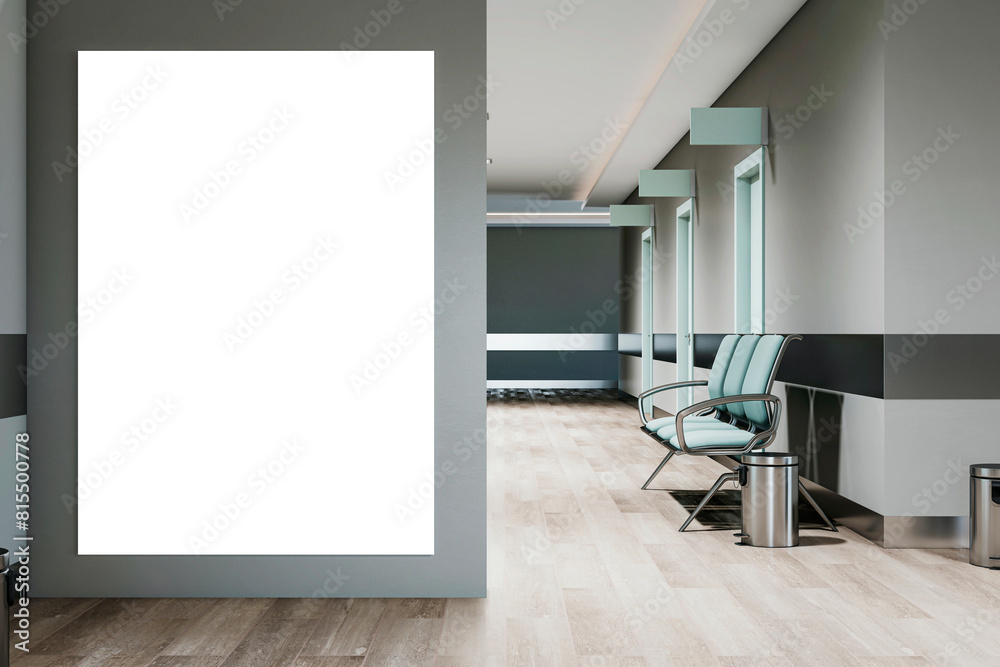 Poster modern office waiting area with blank advertising billboard, minimalistic style and soft lighting. m
