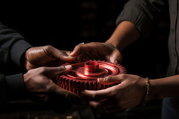 two hands holding a gear wheel, symbolizing the unity of business and technology in marketing