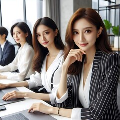 Many women with elegant and luxurious suits sitting office room at desk working s with laptops image art harmony has illustrative meaning.