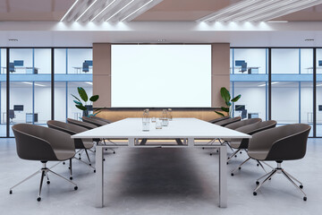 Modern glass meeting room interior with creative ceiling and empty white mock up banner. 3D Rendering.