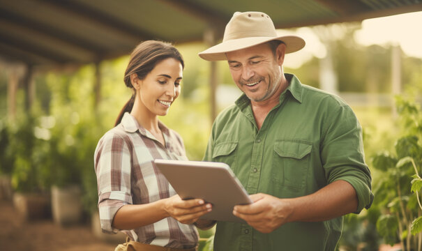 A man and a woman are looking at a tablet together