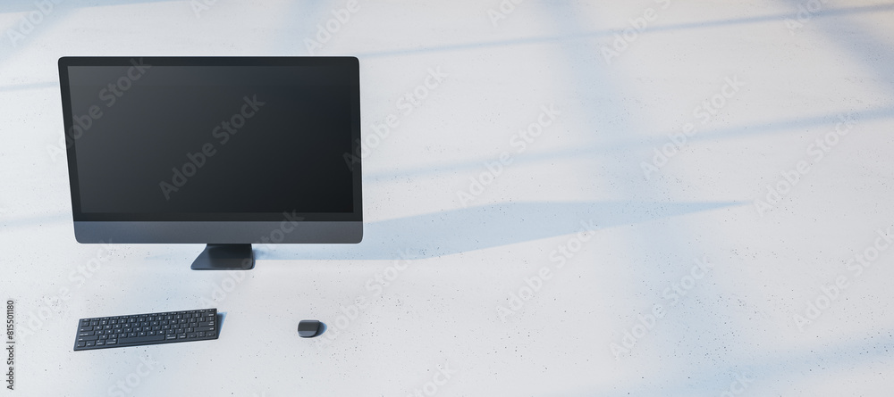 Poster Close up of empty mock up computer monitor on wide light background. Minimalistic designer desktop concept. 3D Rendering.