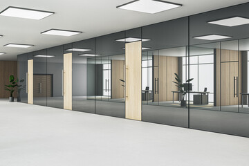 Bright office hallway interior with wooden, glass and concrete elements. 3D Rendering.
