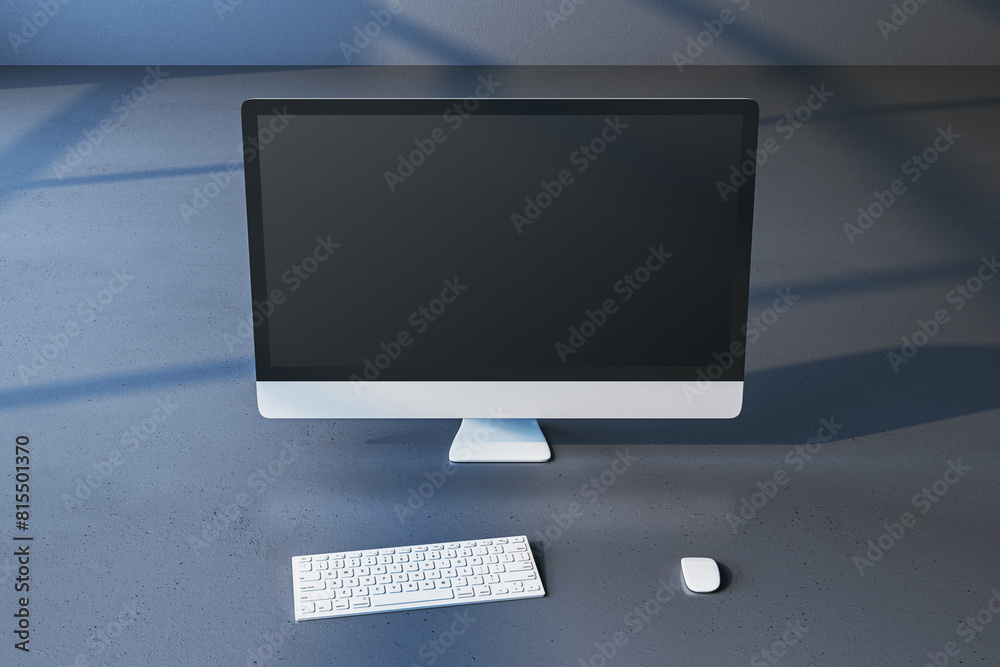 Aufkleber Close up of empty mock up computer monitor on gray backdrop. Minimalistic designer desktop concept. 3D Rendering.