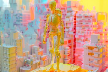 A robot with a white body stands in front of a city