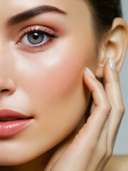 Fototapeta premium A striking close-up portrait showcasing a woman's natural beauty, glowing skin, and perfectly groomed makeup look with subtle elegance.