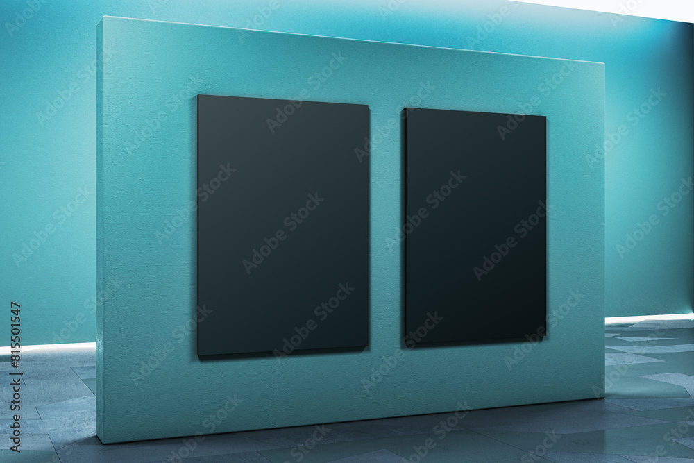 Poster empty blue gallery wall with black mock up banner. museum concept. 3d rendering.