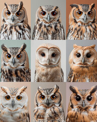 Fototapeta premium A series of illustrated owls, each with their eyes covered by a brown censor bar, expressing quirky playfulness