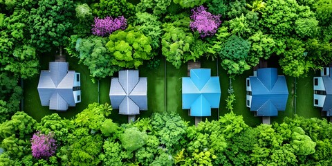 Fototapeta premium Banners showcasing houses on grass by real estate agency. Concept Real Estate Listings, Property Showcasing, Green Landscapes, House Hunting, Real Estate Marketing