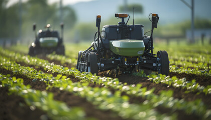 agricultural tractor Robot Automatic harvest field crops wireless Control, autonomous self driving technology, Internet of Things network, industry transport 4.0 concept, generator AI illustration.
