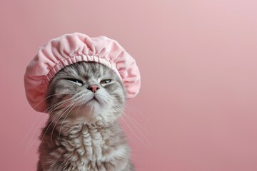 cute happy tabby fluffy cat in a shower cap on a pink background