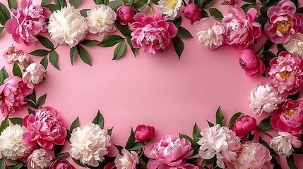 Frame made of beautiful peony flowers on pink background.