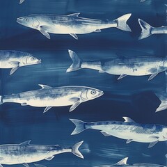 Fototapeta premium School of Silver Fish Swimming Across Deep Blue Background in a Serene Underwater Scene