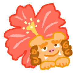 赤いハイビスカスと見上げるシーサー