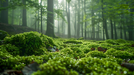 Lush green moss on a forest floor in a misty woodland