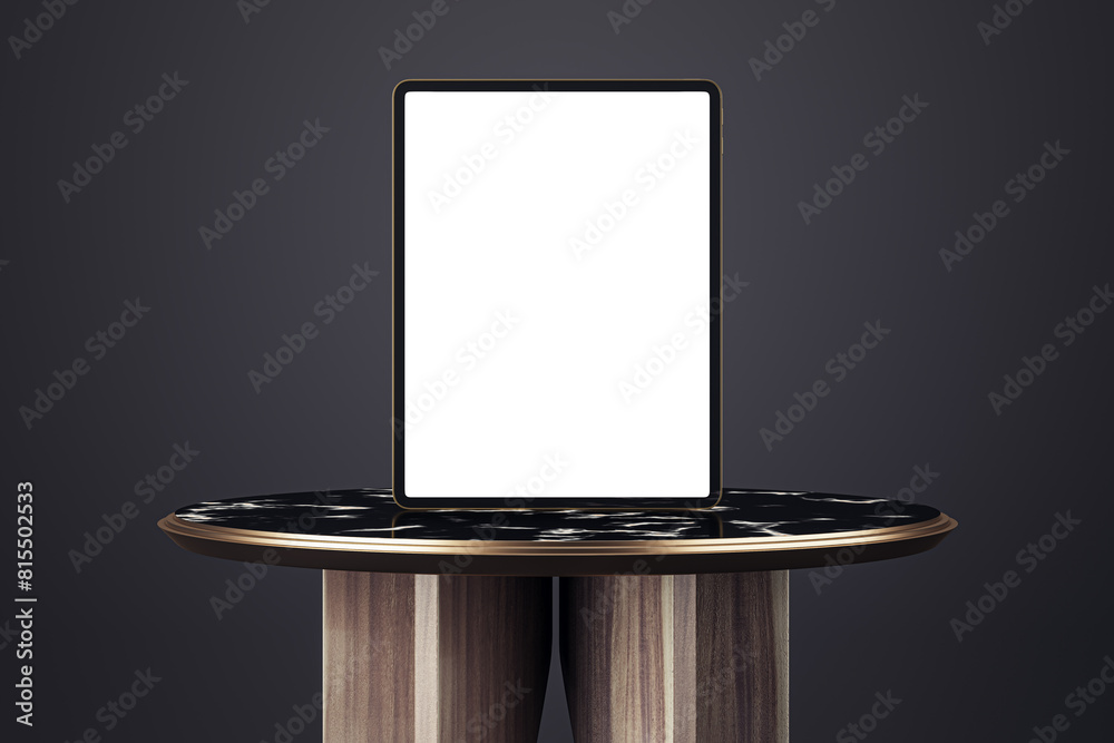 Poster Empty wooden table with empty white mock up tablet on black background. 3D Rendering.