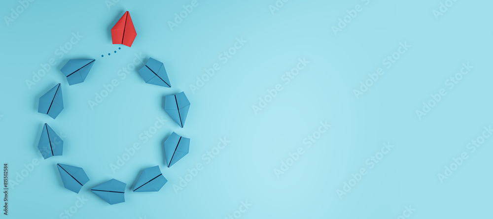 Poster creative paper planes circle on wide blue background with mock up place. leadership and success conc