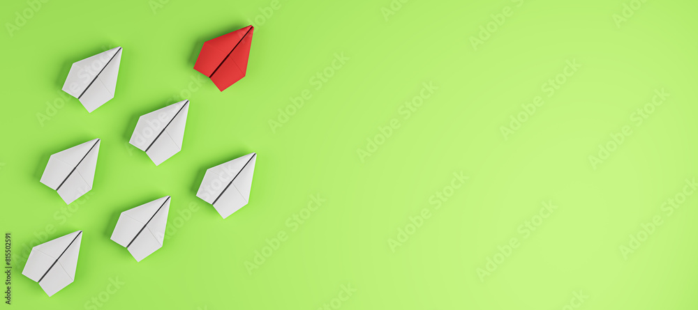 Aufkleber creative paper planes on green background with mock up place. leadership and success concept. 3d ren