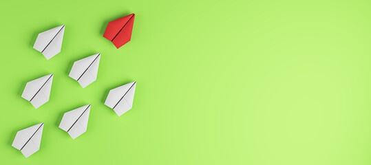 Creative paper planes on green background with mock up place. Leadership and success concept. 3D...