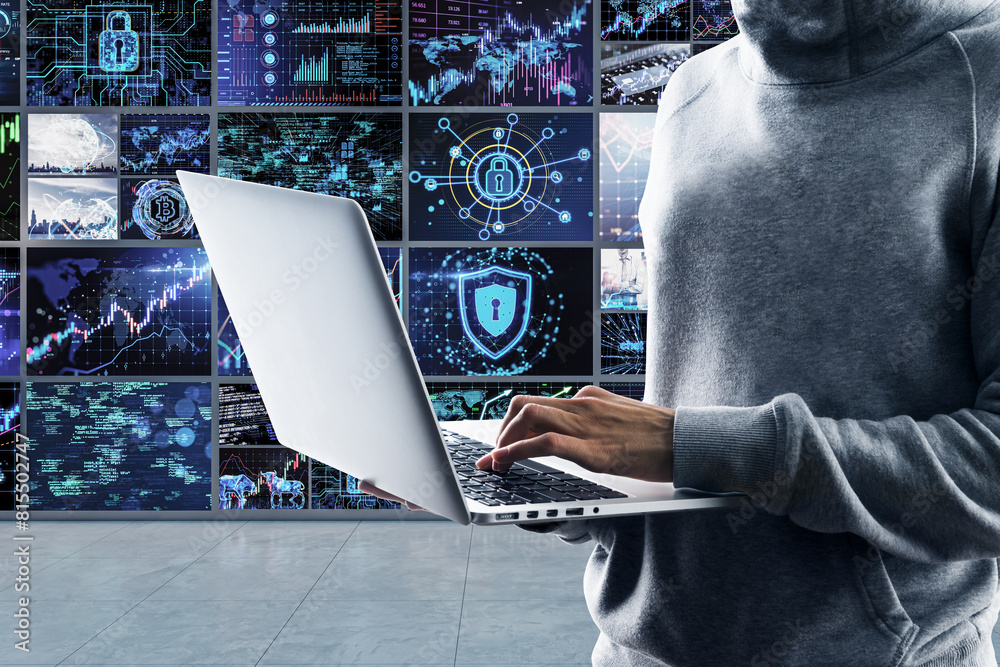 Poster Close up of hacker hands using laptop in creative dark screen room with reflections on floor. Information leak, news and security concept.