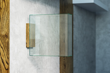 Blank square glass banner or stopper on concrete and wooden wall. Advertising concept. 3D Rendering.