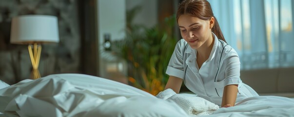 A diligent hotel maid dresses a large, plush bed in a well-appointed room with attention to detail.