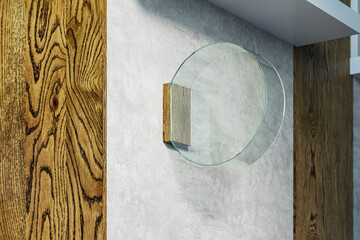 Empty round glass banner or stopper on concrete and wooden wall. Advertising concept. 3D Rendering.