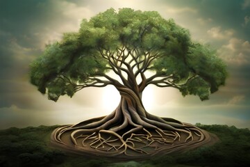 : The intertwining roots of two trees, symbolizing unity and connection in the heart of a dense forest. 