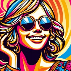 A T shirt mockup woman wearing sunglasses and smiling.