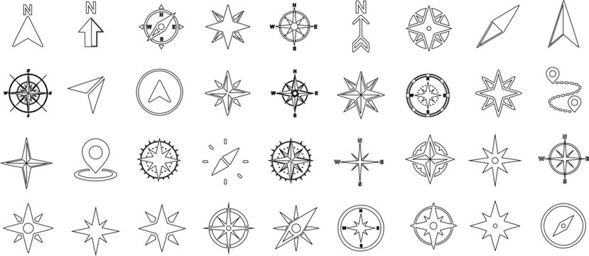 Compass, navigation, direction symbols vector line art illustrations. Various styles, traditional, modern, with stars, arrows, north