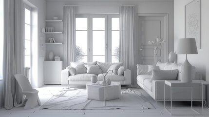 Fototapeta na wymiar A white living room with a white couch and a white coffee table